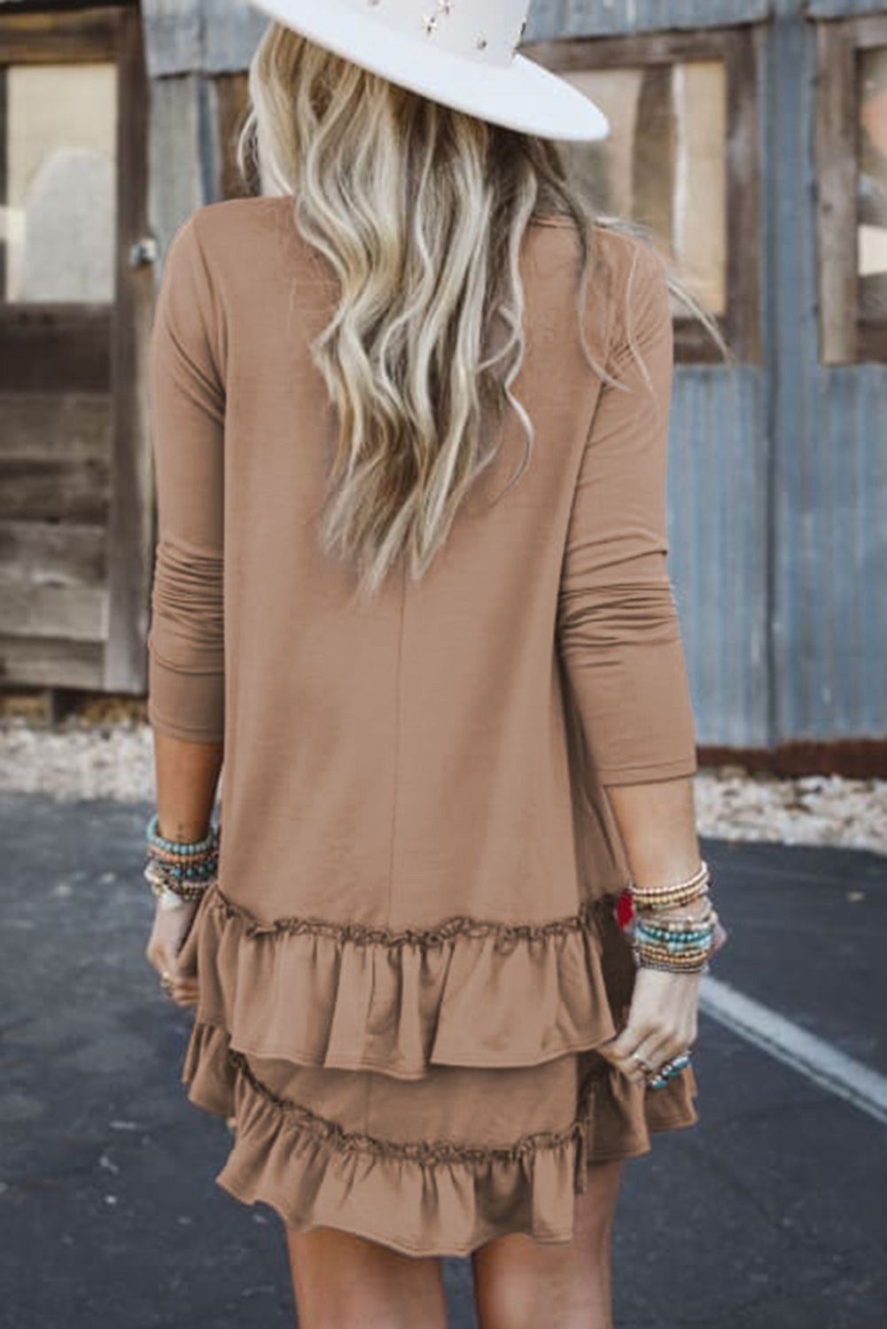 Scoop Neck Tiered Ruffled Hem Long Sleeve Mini Dress