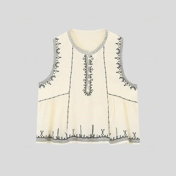 Color-block Embroidered Half-placket Tank Top