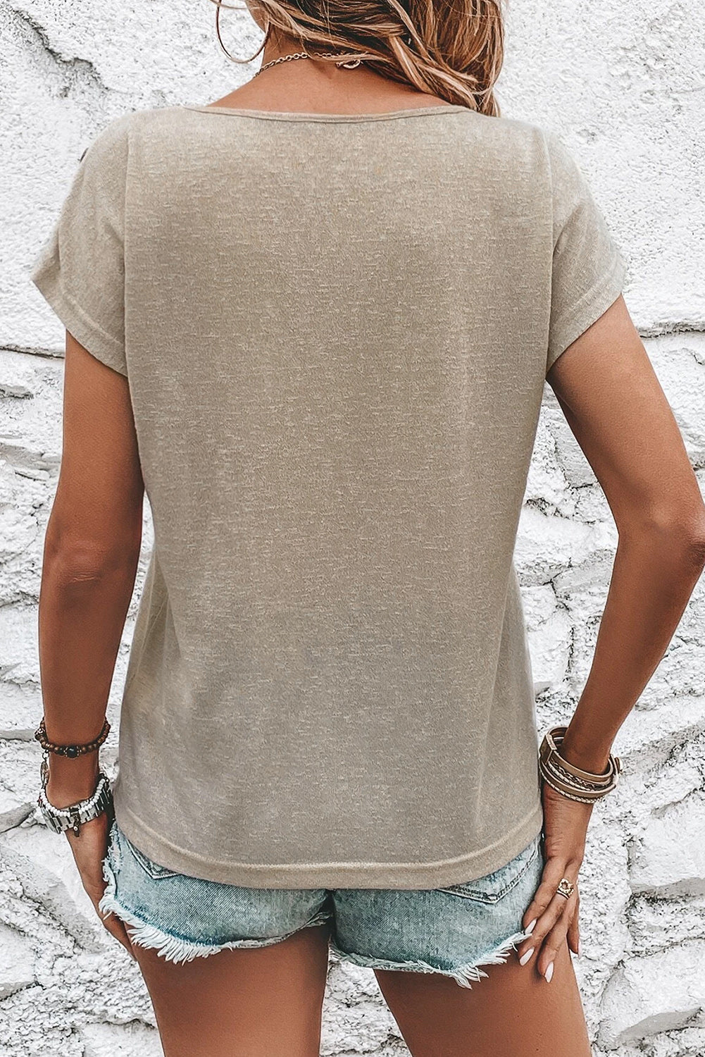 Smoke Gray Button Detail Batwing Sleeve Casual Tee