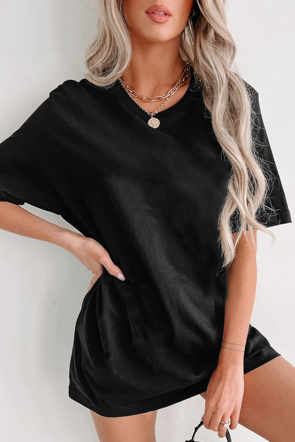 Solid Color Round Neck Basic Tunic T Shirt