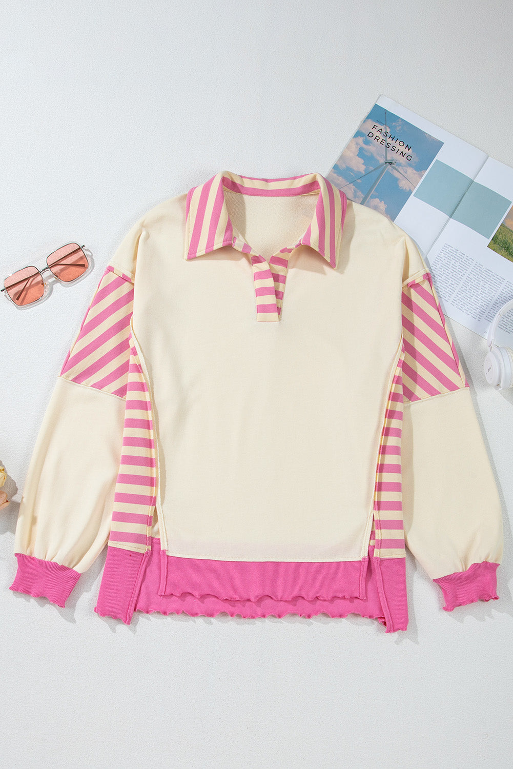 Pink Stripe Colorblock Patchwork Collared French Terry Knit Top