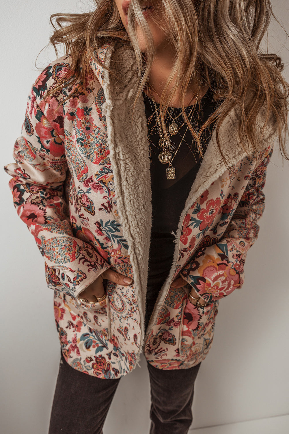 Vintage Paisley Floral Printed Sherpa Lined Hooded Jacket