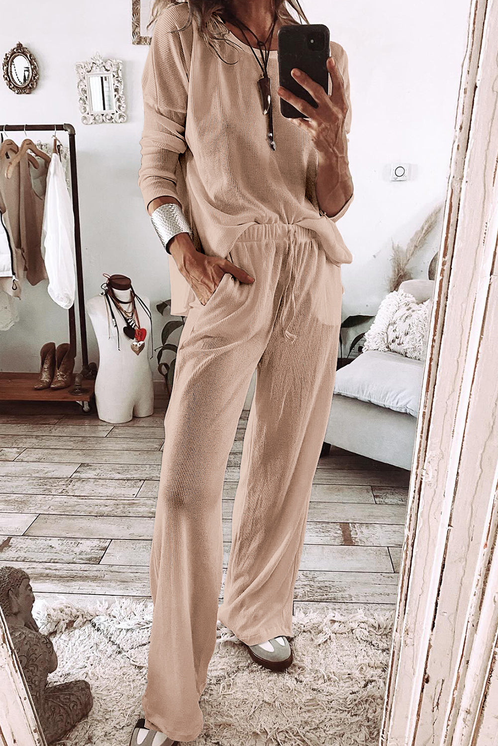 Textured Long Sleeve T Shirt and Pants Lounge Set