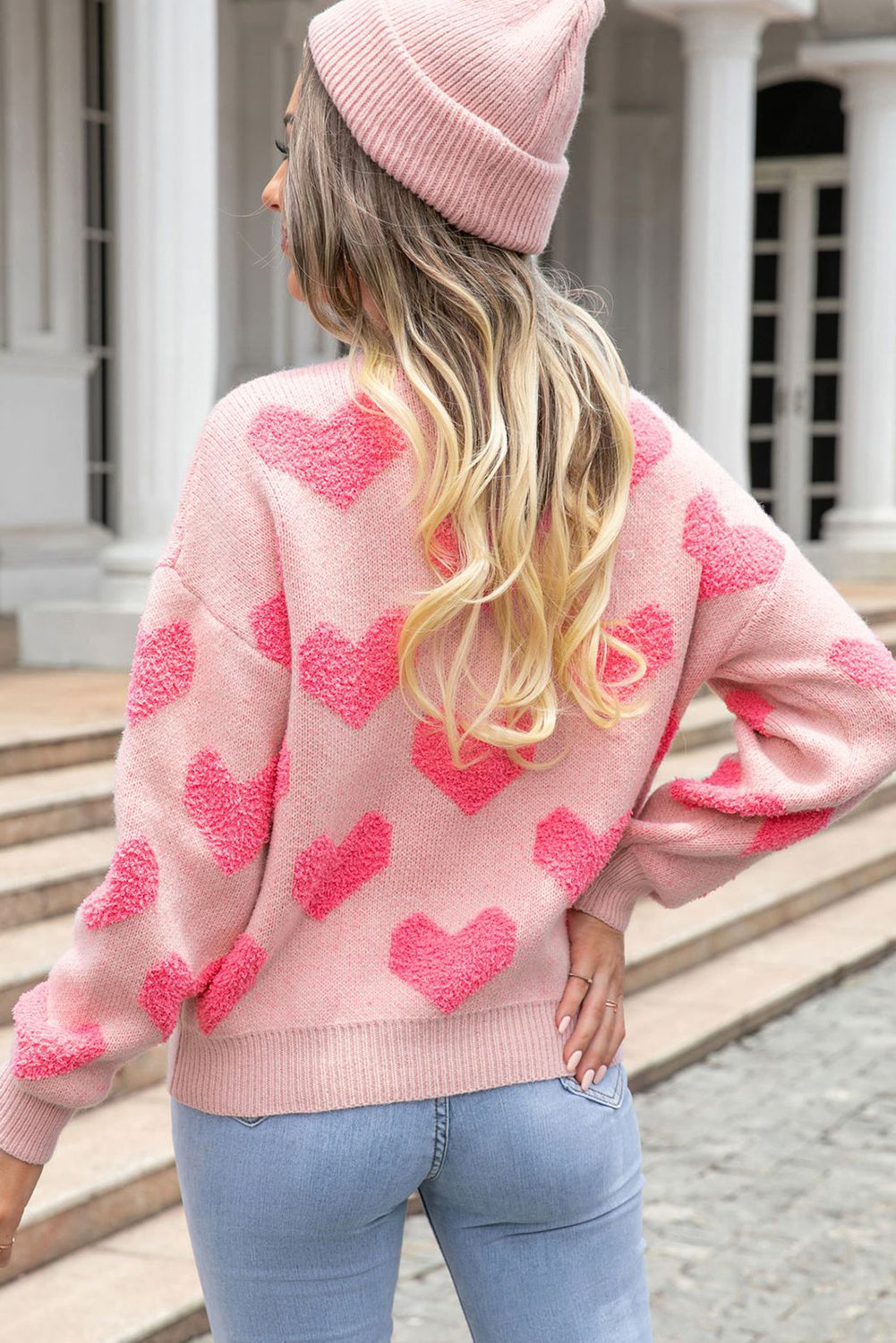 Light Pink Valentine¡¯s Day Heart Jacquard Knit Sweater