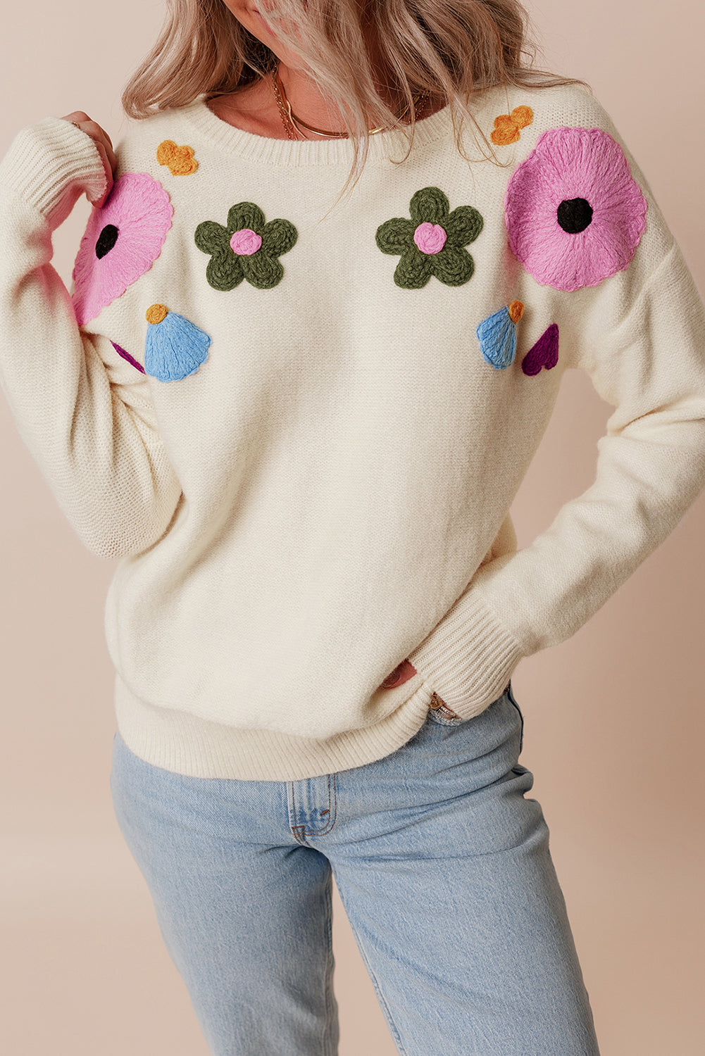 Knitted Flower Pattern Ribbed Edge Sweater