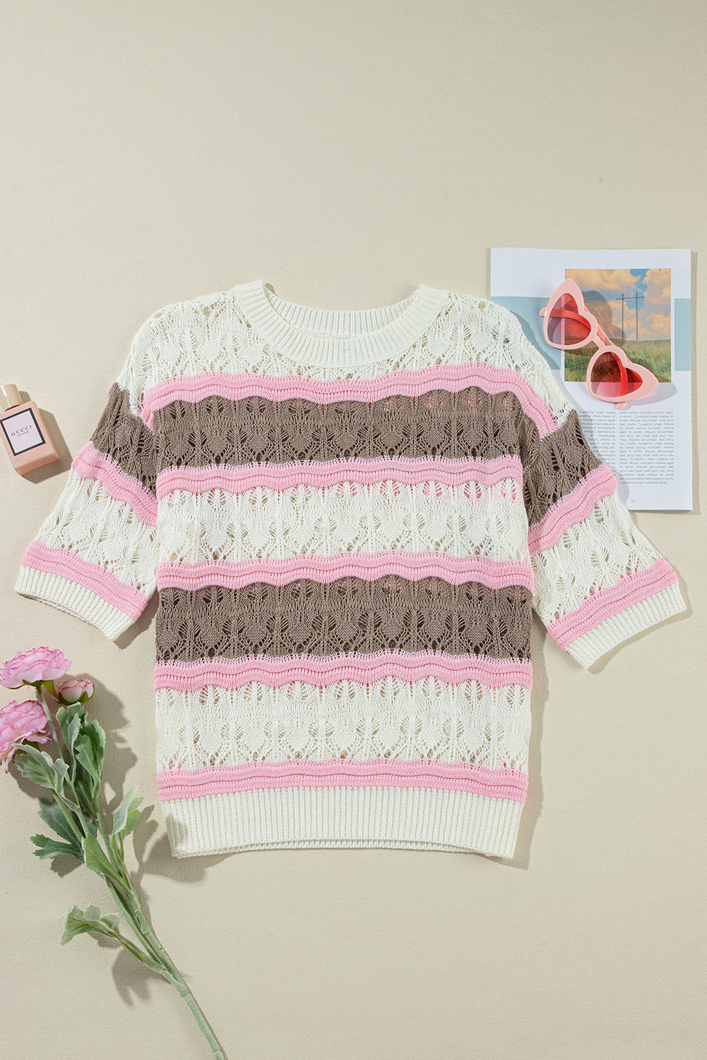 Stripe Color Block Hollow Out Crochet Half Sleeve Sweater