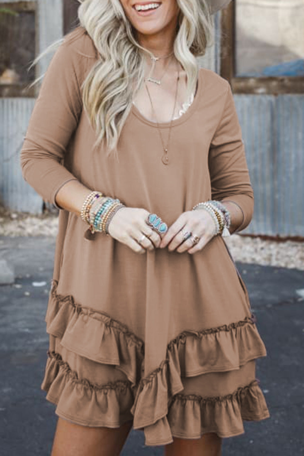 Scoop Neck Tiered Ruffled Hem Long Sleeve Mini Dress