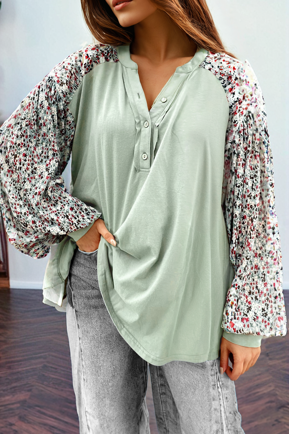 Contrast Printed Bubble Sleeve Henley Loose Top with Slits