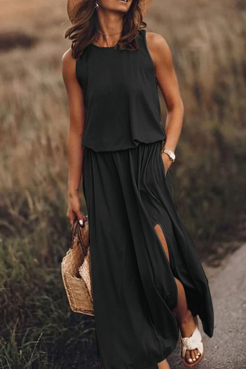 Solid Sleeveless Tunic Maxi Dress with Split