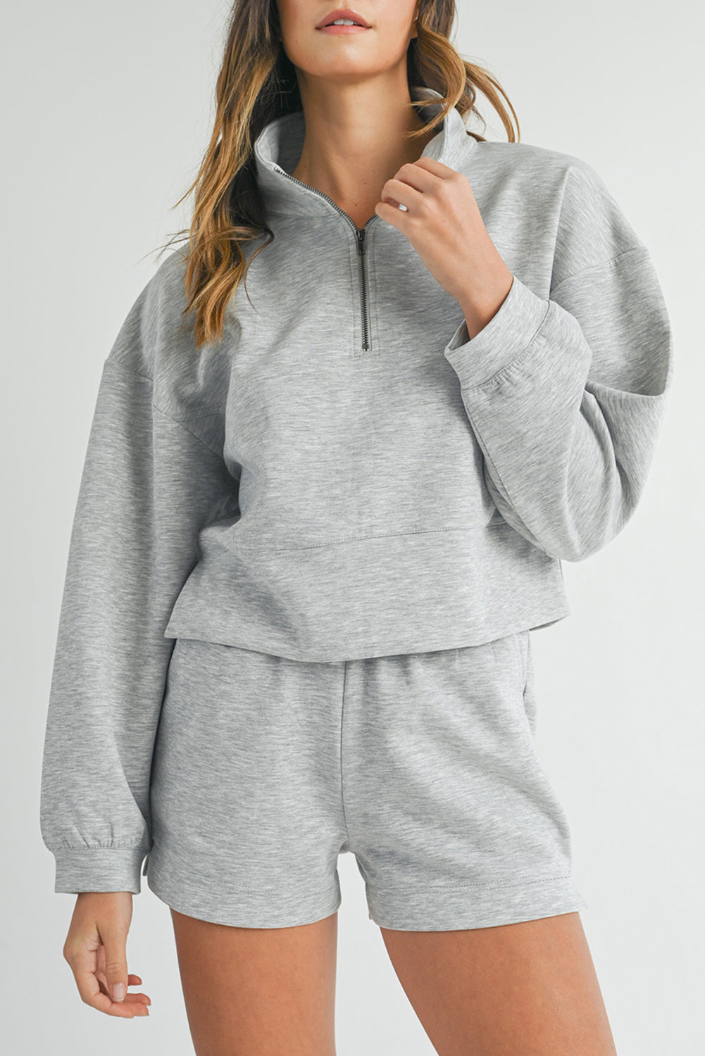 Stand Neck Zipped Sweatshirt and Shorts Set