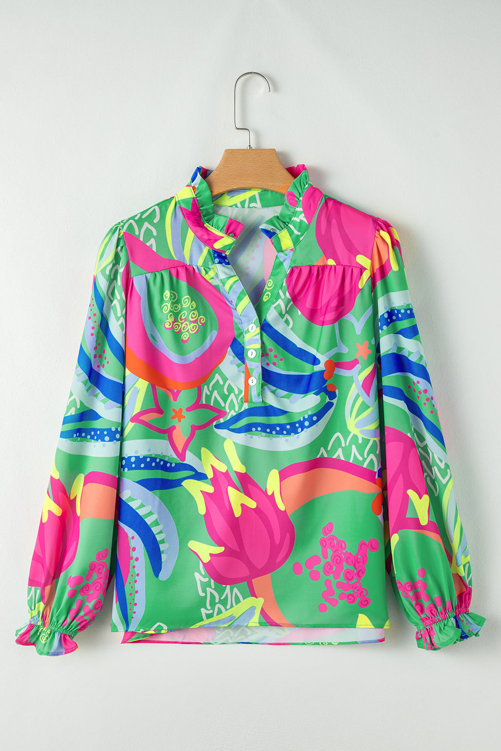 Abstract Print Ruffled Sleeve Buttoned V Neck Blouse