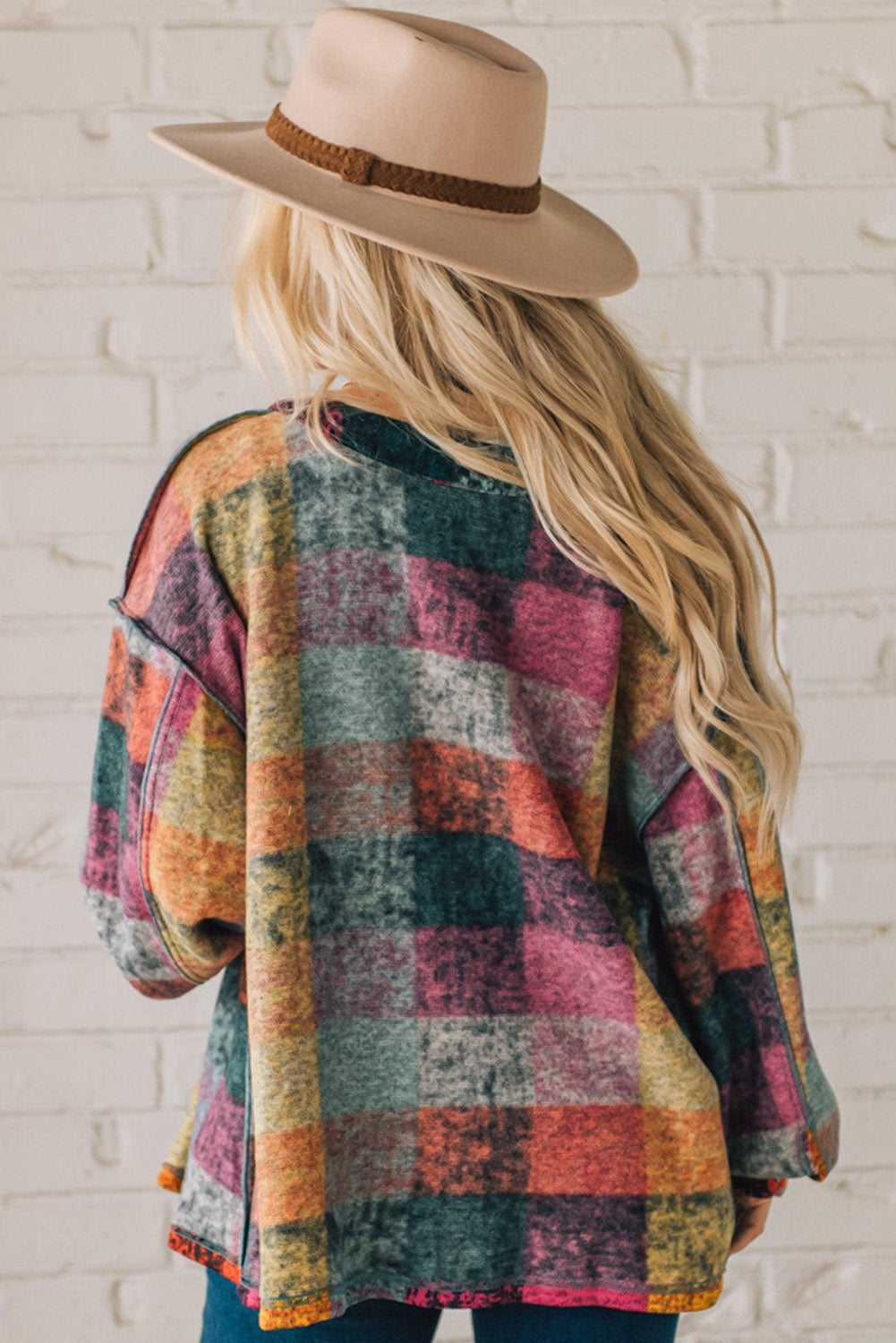 Multicolor Brushed Plaid Buttoned Pullover Oversized Hoodie