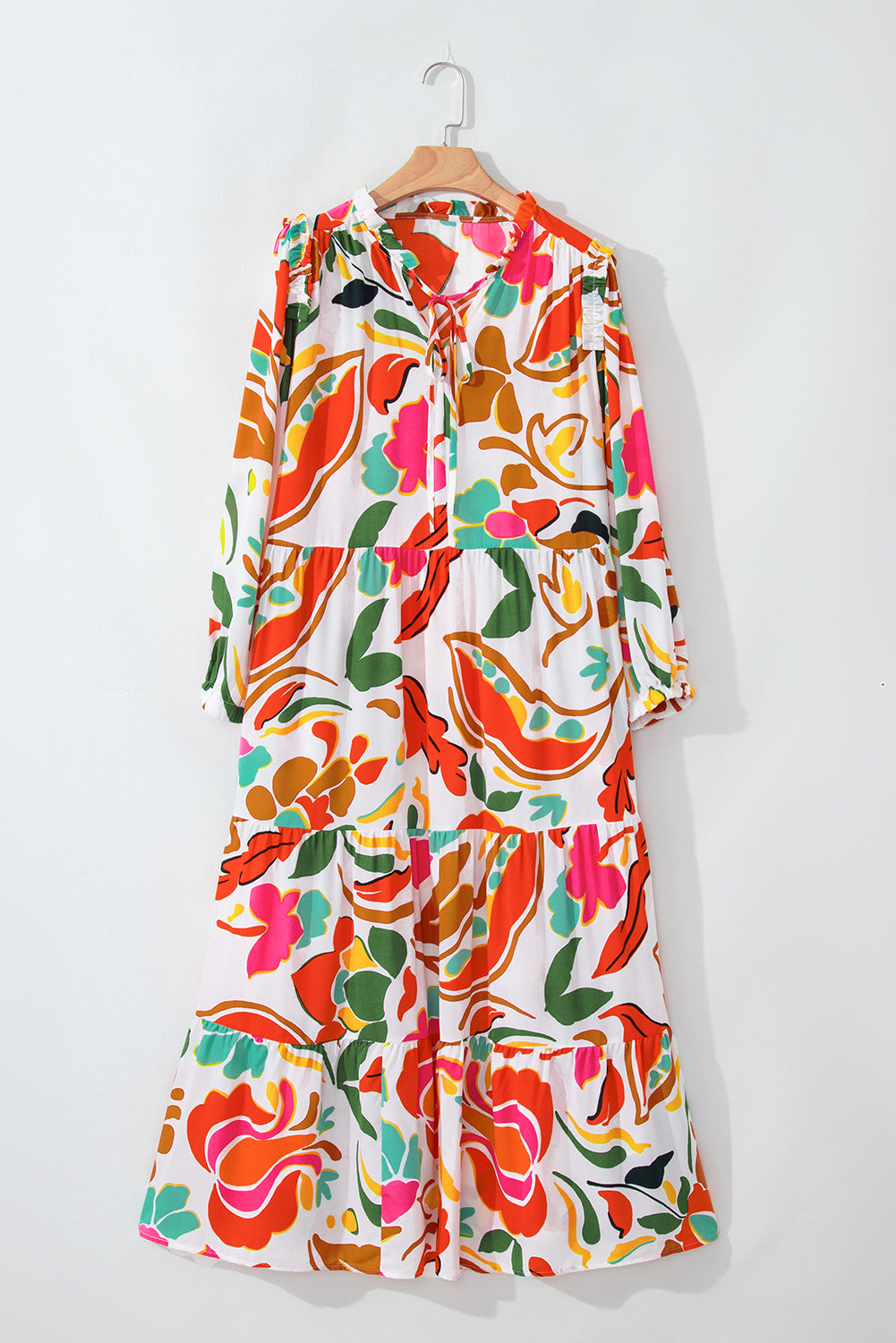 Floral Print Drawstring V Neck Tiered Plus Size Dress