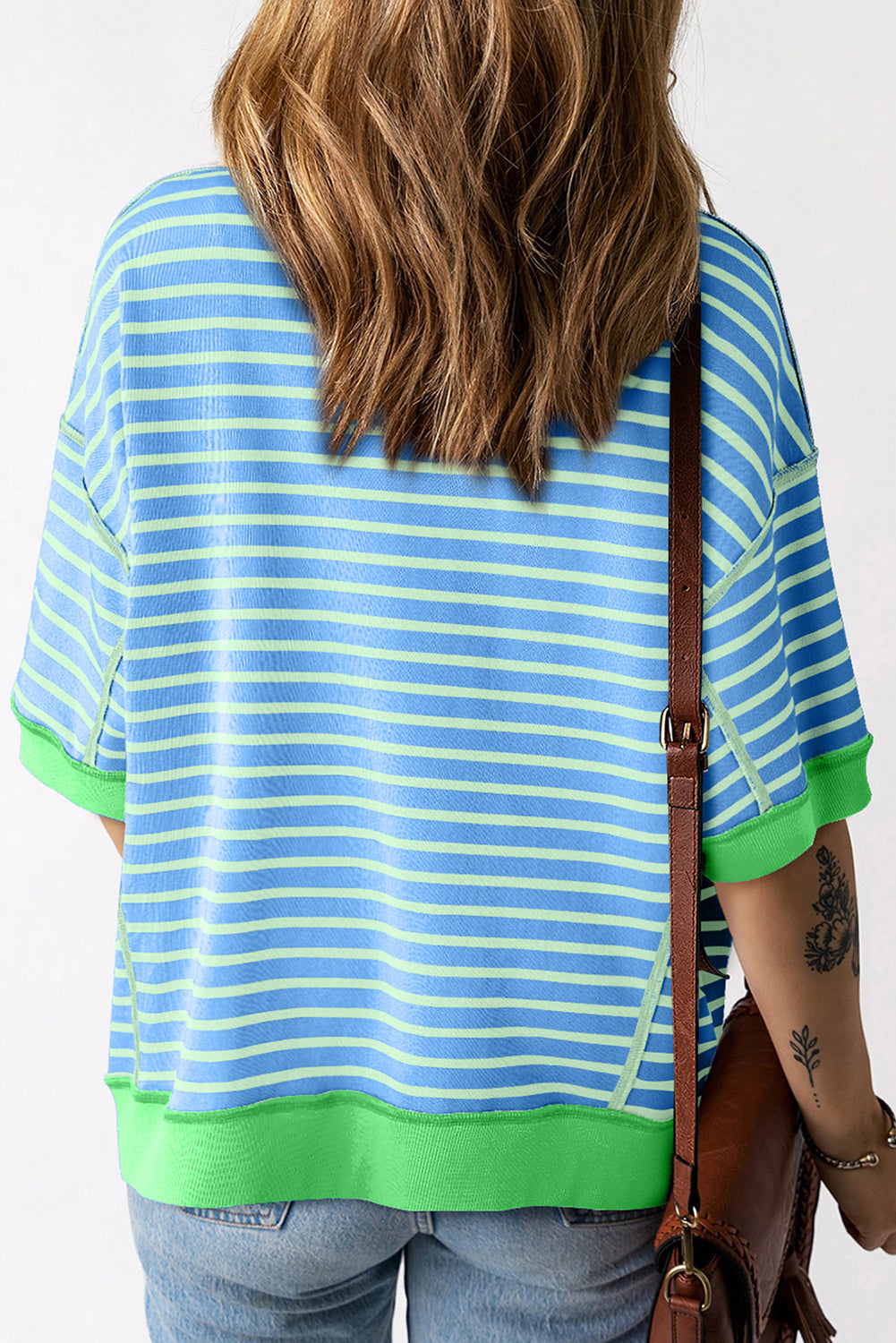 Sky Blue Stripe Oversized Contrast Trim Exposed Seam High Low T Shirt