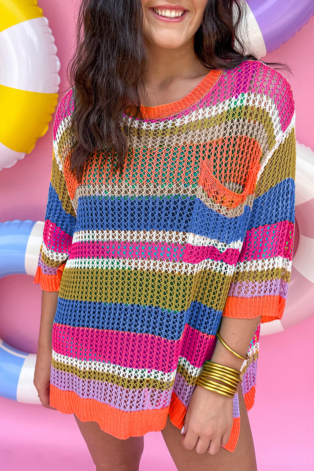 Stripe Colorblock Hollowed Crochet 3/4 Sleeve Sweater