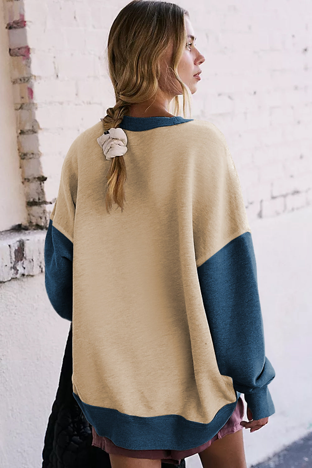 Color Block Thumbhole Sleeve Drop Shoulder Sweatshirt