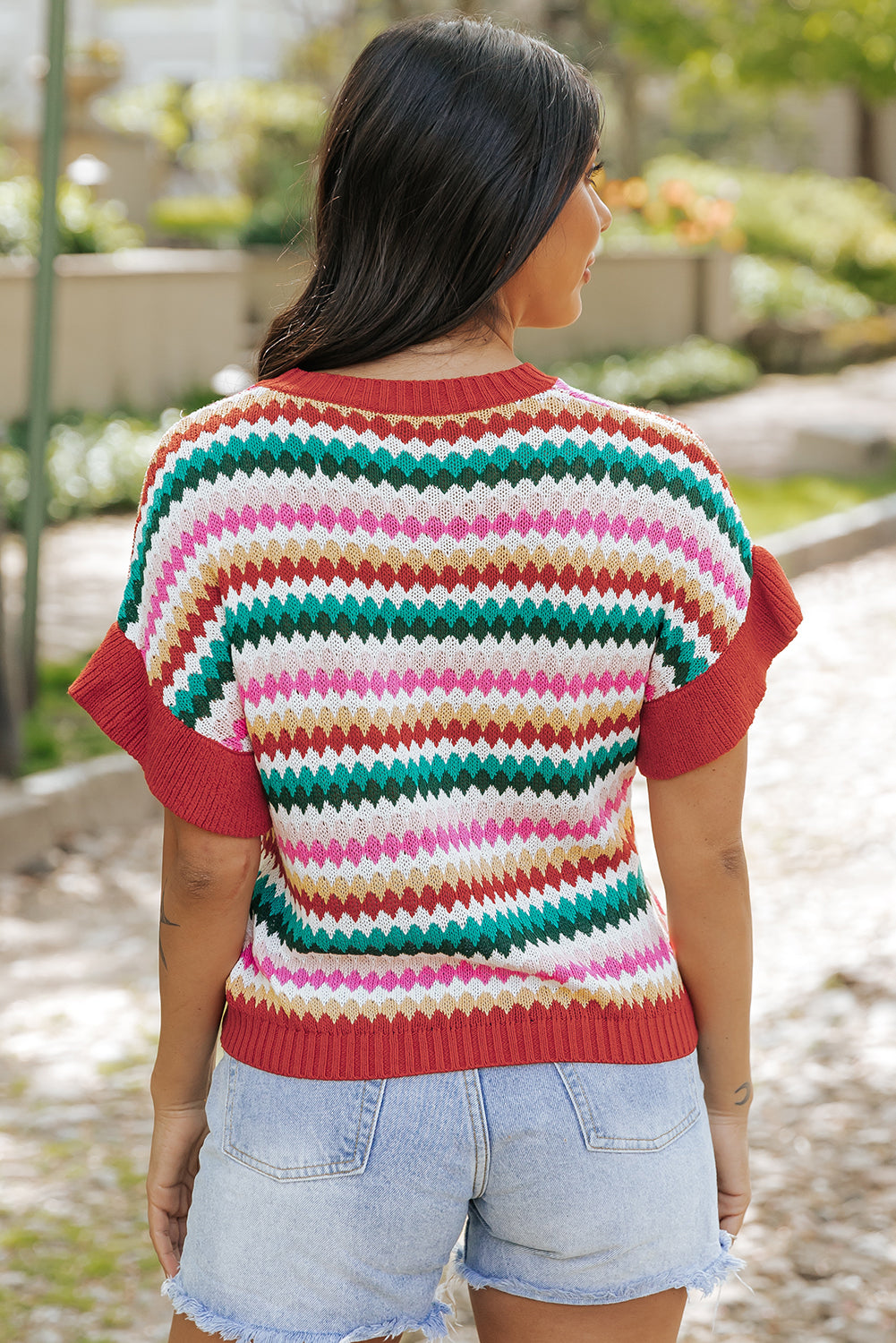 Trimmed Ruffle Sleeve Colorful Textured Sweater