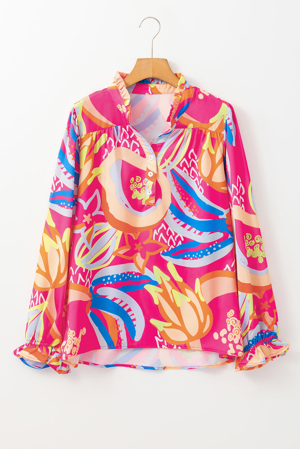 Abstract Print Ruffled Sleeve Buttoned V Neck Blouse