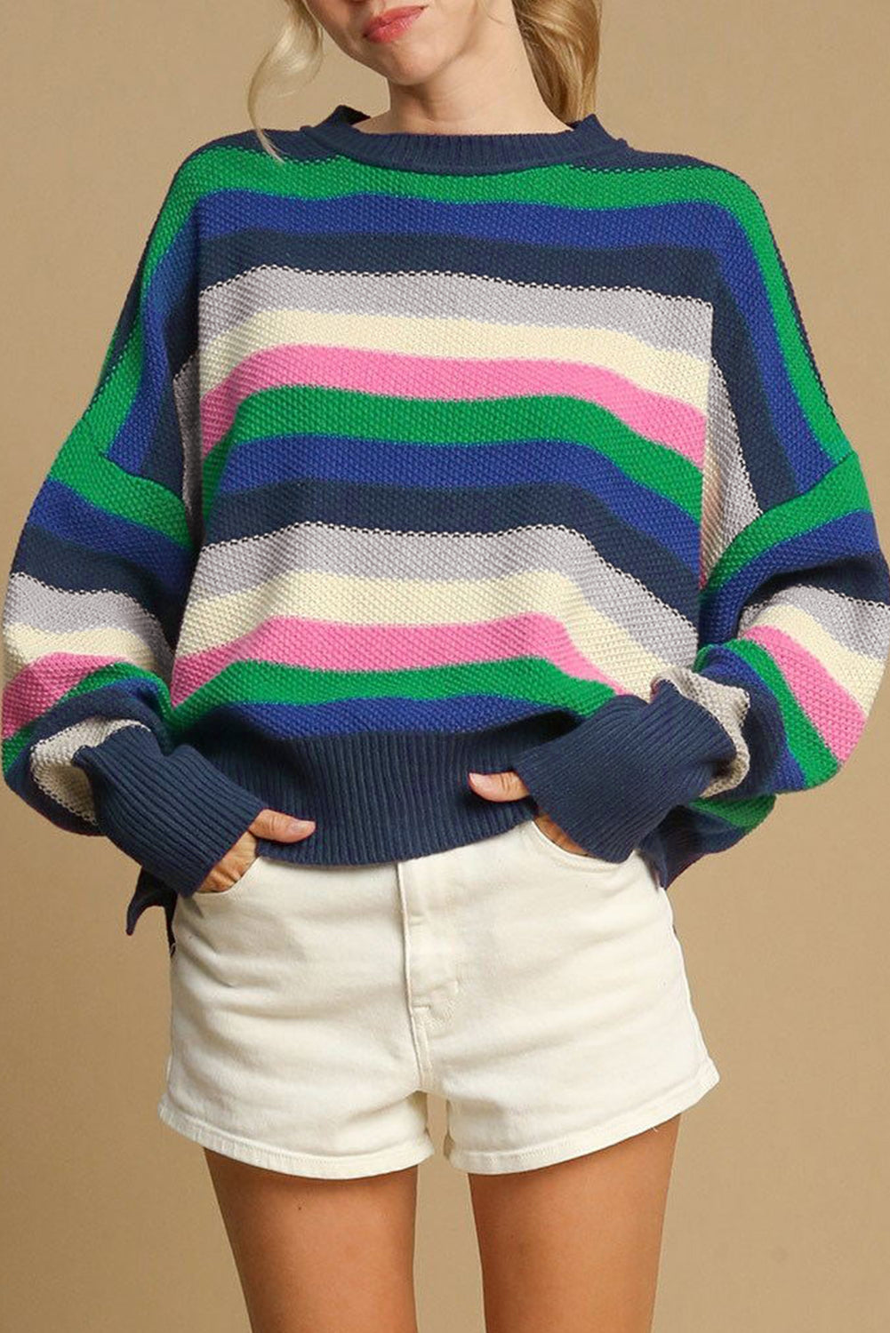 Rainbow Striped Crew Neck Drop Shoulder Sweater