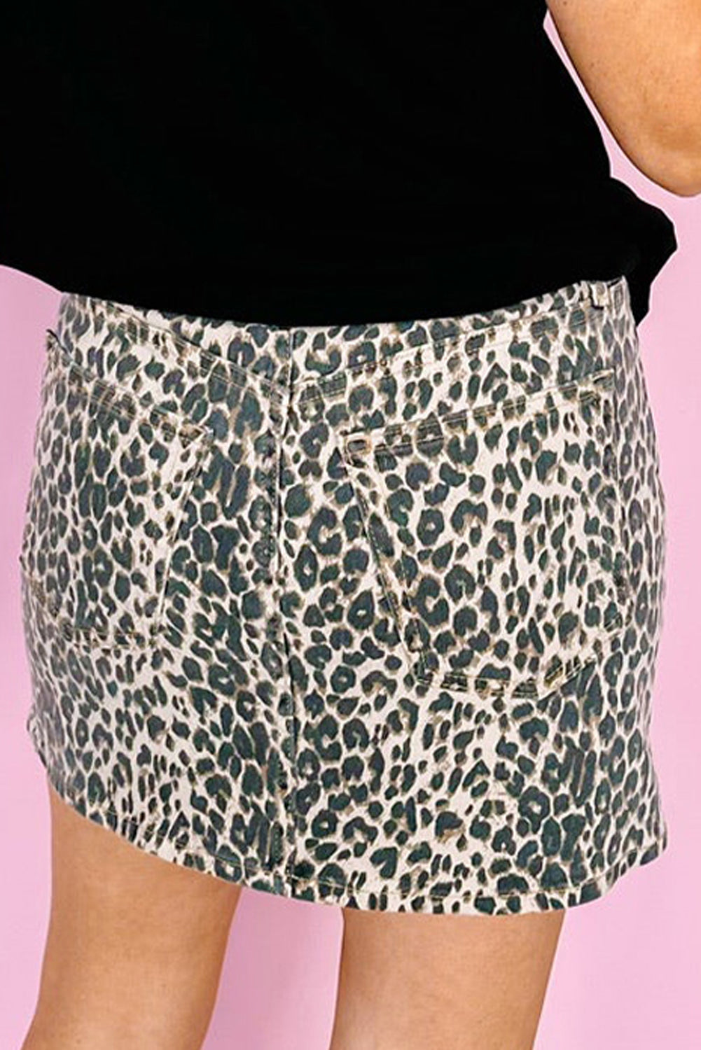 Khaki Leopard Denim Mini Skirt