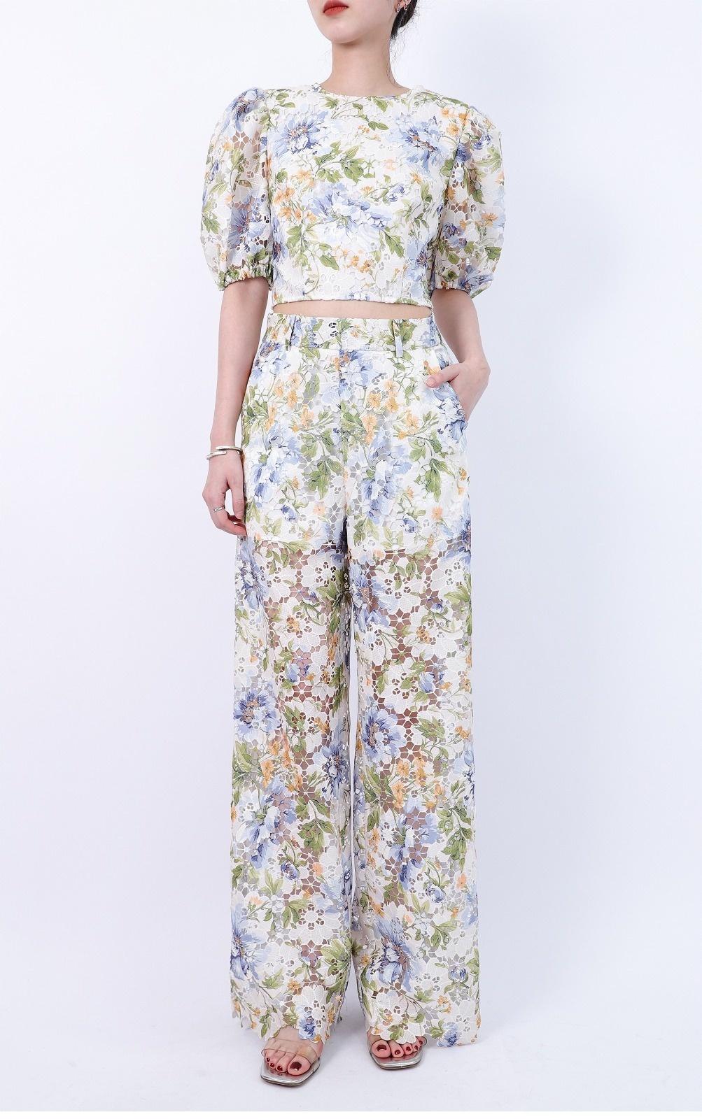 Floral Eyelet Hollow Round Neck Puff Sleeve Crop Top