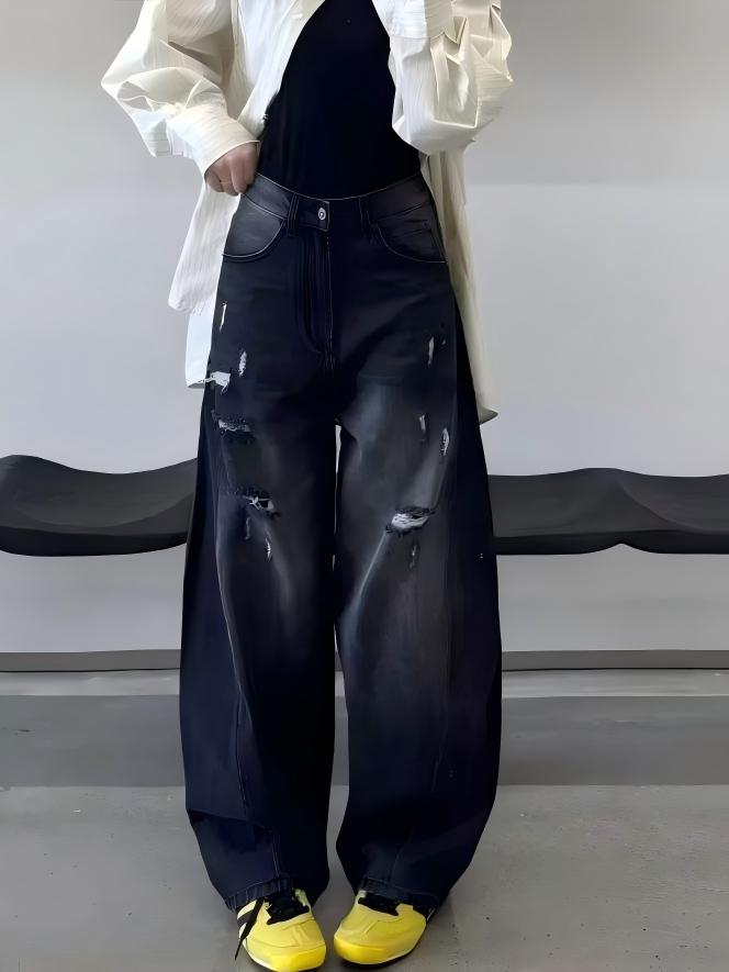 Retro Distressed Scimitar Wide Leg Jeans