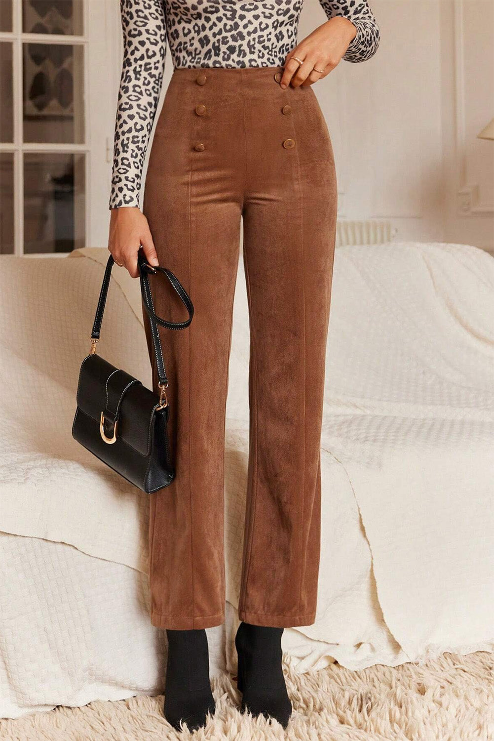 Solid Color Double Breasted Straight Leg Pants