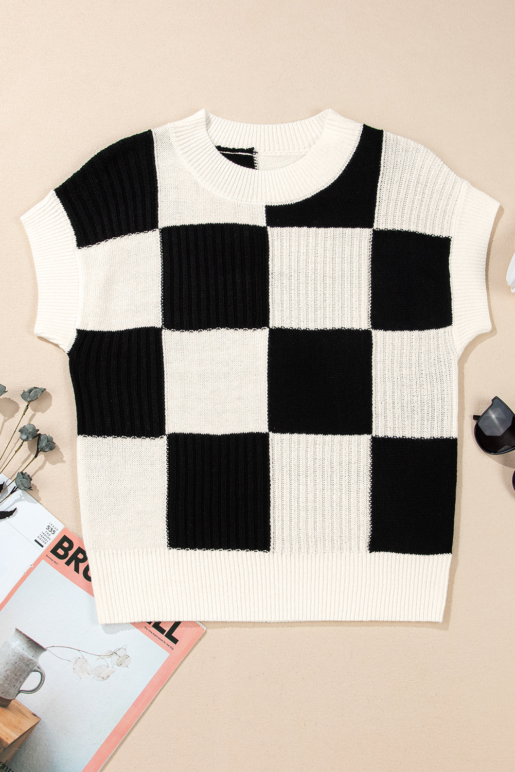 Checkered Color Block Crew Neck Short Sleeve Sweater