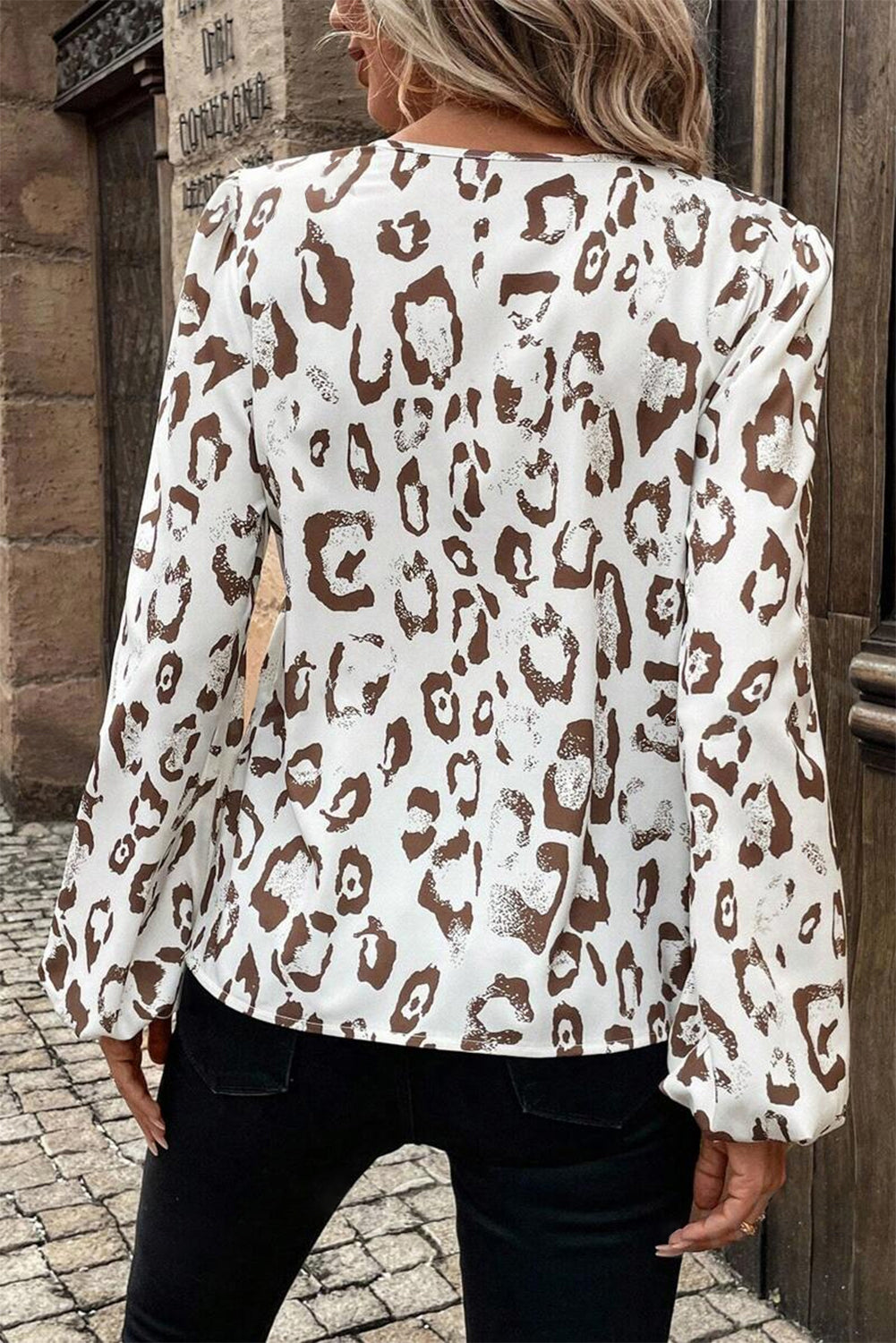 Leopard Print Split Neck Balloon Sleeve Blouse